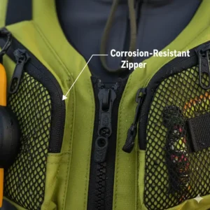 A close-up of a durable, corrosion-resistant zipper on a fishing kayak life jacket, designed to withstand saltwater environments.