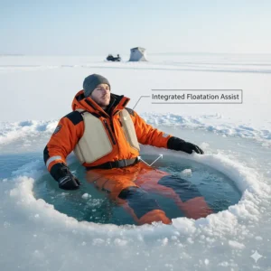 A graphic demonstrating the flotation assistance technology integrated into an ice fishing jacket, showing how the jacket helps a person stay afloat in case of an ice break.