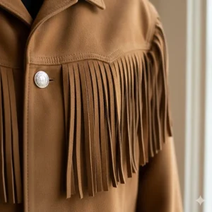 Close-up on the intricate fringe detail of the cowboy jacket with fringe, highlighting the quality of the leather.