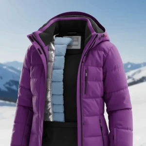 Cutaway view of a girls' ski jacket illustrating the layered insulation designed for warmth on the slopes.