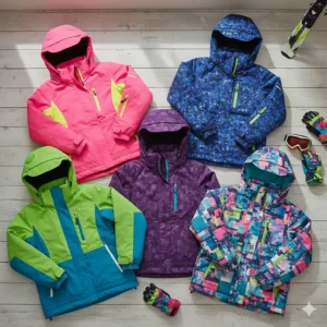 A flat-lay photo of several girls' ski jackets in different popular colors like neon pink, blue, purple, and green.