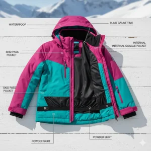 An image highlighting key features of a girls' ski jacket, including a powder skirt, inner goggle pocket, and zippered arm pocket for a ski pass.