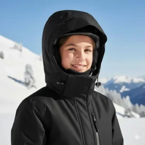 A girl in a black girls' ski jacket with a detachable, helmet-compatible hood pulled up, showing the adjustable drawstrings and chin guard.