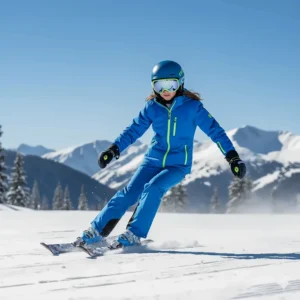 A dynamic shot of a girl skiing down a mountain, wearing a high-performance girls' ski jacket that allows for full range of motion.