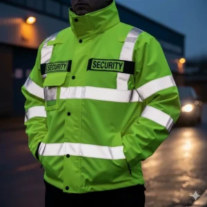 A security jacket with reflective stripes and bright colors, ensuring high visibility for guards working in low-light conditions.