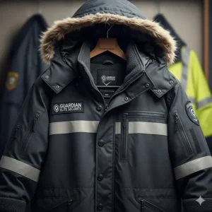 A security guard's hooded winter jacket, offering extra protection from wind and cold for patrols and outdoor duties.