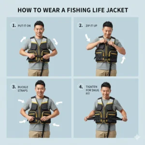 A step-by-step guide on how to properly wear a fishing life jacket, including adjusting straps for a snug and secure fit.