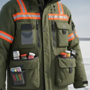 A detailed view of the various large, waterproof pockets on an ice fishing jacket, designed to hold fishing gear, bait, and a smartphone securely.