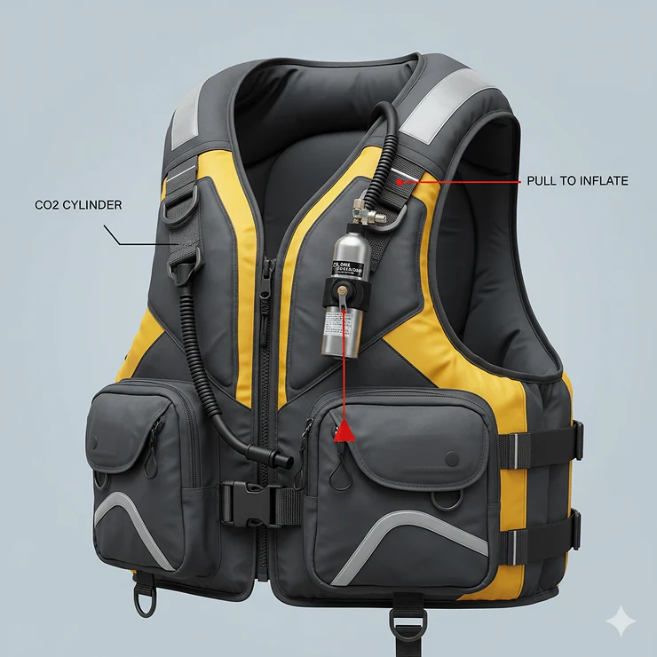 A close-up shot of an inflatable fishing life jacket, highlighting the CO2 cylinder and manual or automatic inflation mechanism.