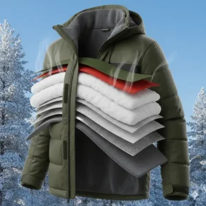 An illustration showing the layered insulation system inside an ice fishing jacket, with different thermal materials providing warmth without bulk.