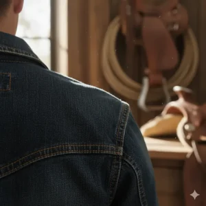 Close-up of the distinctive pointed Western yoke stitching detail on the back of a mens cowboy jacket.