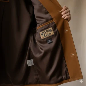 Inside view of the cowboy jacket with fringe, showing the smooth satin lining for comfortable wear.