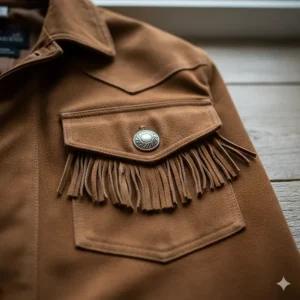 Detailed shot of a jacket's flap pocket, featuring subtle fringe accent and button closure.
