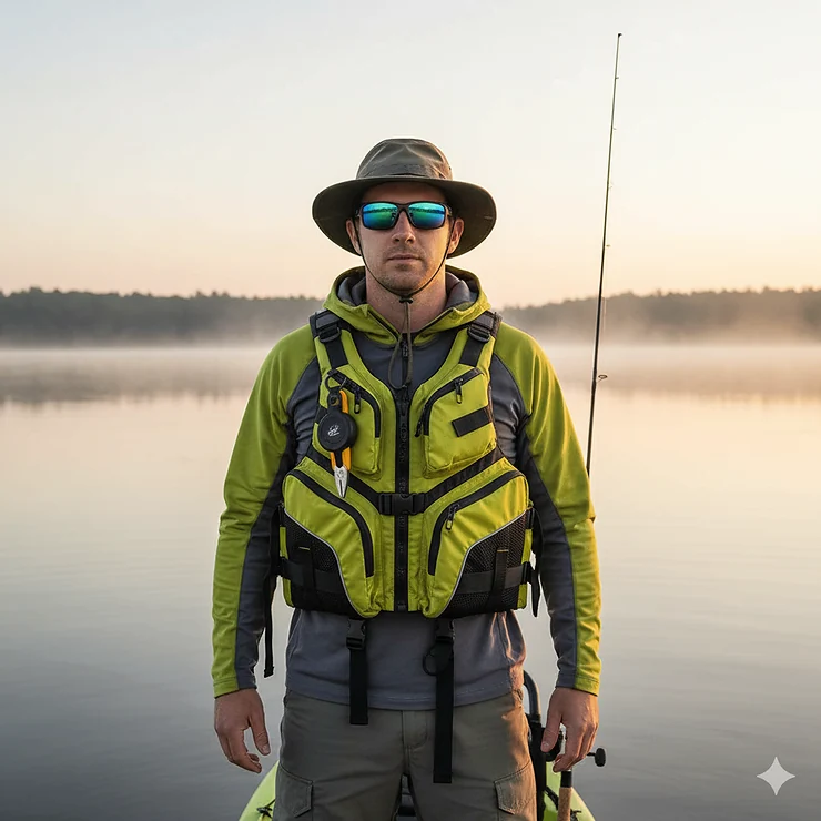 A full-length shot of a person wearing a PFD specifically designed for kayaking, highlighting the front zipper, pockets, and attachment points for fishing gear. fishing life jackets for kayaks