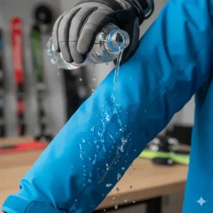 A close-up shot of a gloved hand testing the waterproof fabric of a children's ski jacket by pouring water on it. This image highlights the importance of waterproof material.