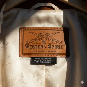 Detail shot of the soft, comfortable lining and brand tag inside the ladies' cowboy jacket.