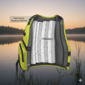 A cross-section diagram of a life jacket for fishing, illustrating the internal foam buoyancy material and how it provides flotation.