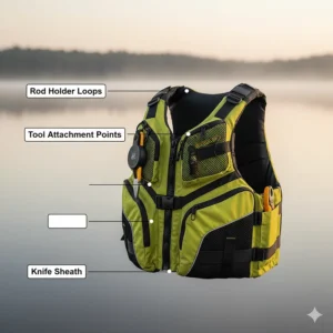 An infographic illustrating key features of a kayak fishing PFD, including rod holder loops, tool attachment points, and a knife sheath.