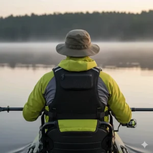 The back view of a high-back kayak fishing life jacket, showing the mesh material and elevated design for comfort against a kayak seat.