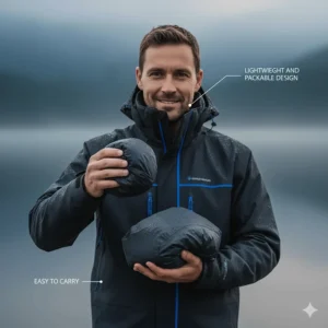 A person holding up a lightweight waterproof fishing jacket, emphasizing its packable and easy-to-carry design.
