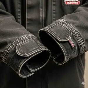 A close-up shot of the adjustable cuffs on a Lincoln Electric welding jacket.