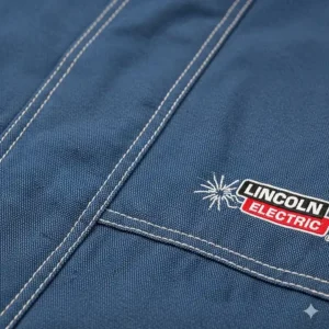 Close-up of a flame-resistant Lincoln Electric welding jacket's fabric.
