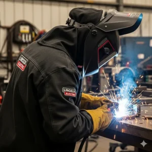 A welder with a helmet and a Lincoln Electric welding jacket featuring a protective hood.