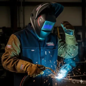 A welder wearing a Lincoln Electric welding jacket with leather sleeves for added protection.