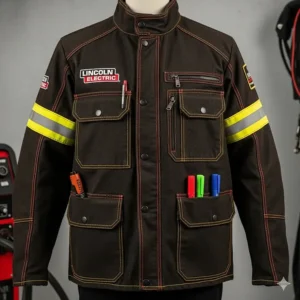 Front view of a Lincoln Electric welding jacket highlighting the utility pockets.