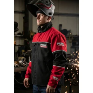 A side view of a person wearing a Lincoln Electric welding jacket, showing the fit and coverage.