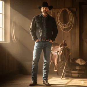 Stylish man wearing a black canvas mens cowboy jacket paired with jeans and cowboy boots.
