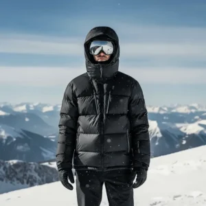 A men's black ski puffer jacket with a modern, warm design, perfect for winter conditions.
