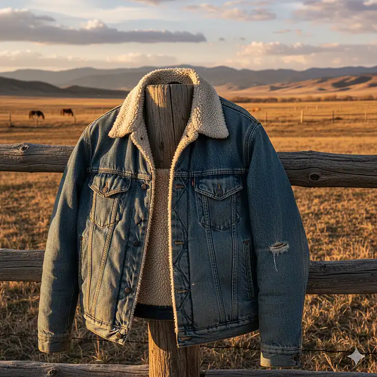 Mens cowboy jacket in classic distressed denim with sherpa collar, perfect for rugged Western style.