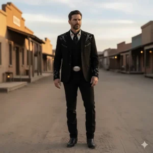 Full-length shot of a complete men's cowboy suit, highlighting the fit of the cowboy suit jacket with coordinating slacks and vest.