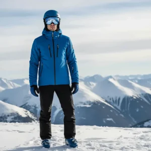 A male model wearing a sleek, blue insulated ski jacket with zippered vents and functional pockets.