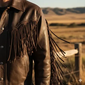 Close-up of a men's leather cowboy jacket with classic fringe detail on the sleeves and chest.
