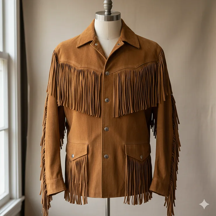 Full-length view of a classic men's suede fringe jacket in a tan color, showcasing the authentic Western design.