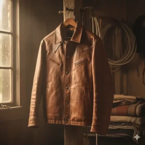 Full-grain leather mens cowboy jacket featuring a snap-button front and classic Western yoke stitching.