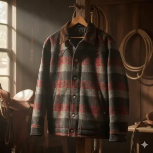 Heavy-duty wool ranch jacket designed with a rustic plaid pattern, a durable option for a modern cowboy look.