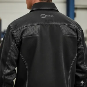 Back view of the Miller welding jacket, highlighting the comfortable and breathable material.