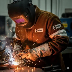 The fire-resistant Miller welding jacket protecting a worker from sparks and slag.
