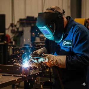 An experienced welder wearing a Miller welding jacket while performing a welding task.