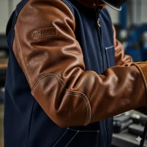 The leather sleeves of the Miller welding jacket offering extra protection and durability.