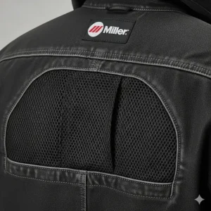 A detailed shot of the vented back design on the Miller welding jacket for improved airflow.