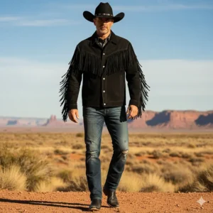 A model wearing a black cowboy fringe jacket paired with jeans and boots, demonstrating the full outfit.