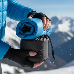 The ski puffer jacket easily rolled up and packed into a small bag for travel convenience.