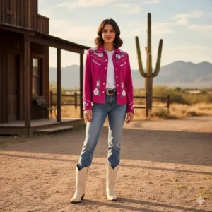 A vibrant pink womens western jacket with snap buttons, an alternative to the traditional cowboy jacket ladies style.