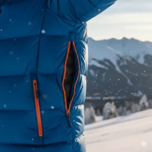 Detail of the underarm zippered vents used for temperature regulation while wearing the ski puffer jacket.