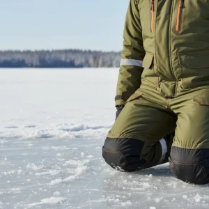 A shot of the reinforced, padded knees on ice fishing bibs, providing extra durability and comfort for kneeling on the ice.