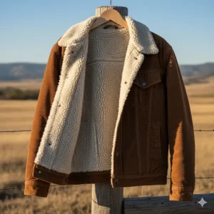 An illustration of a cozy shearling-lined cowboy jacket, ideal for warmth in cooler weather.